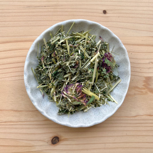loose tea on white plate on wooden background